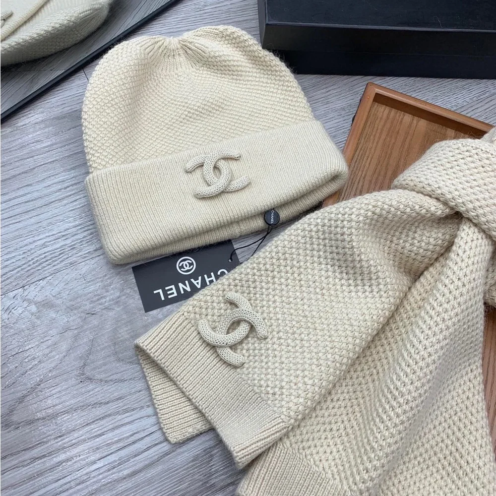 Chanel Cream Knit Beanie & Scarf Set